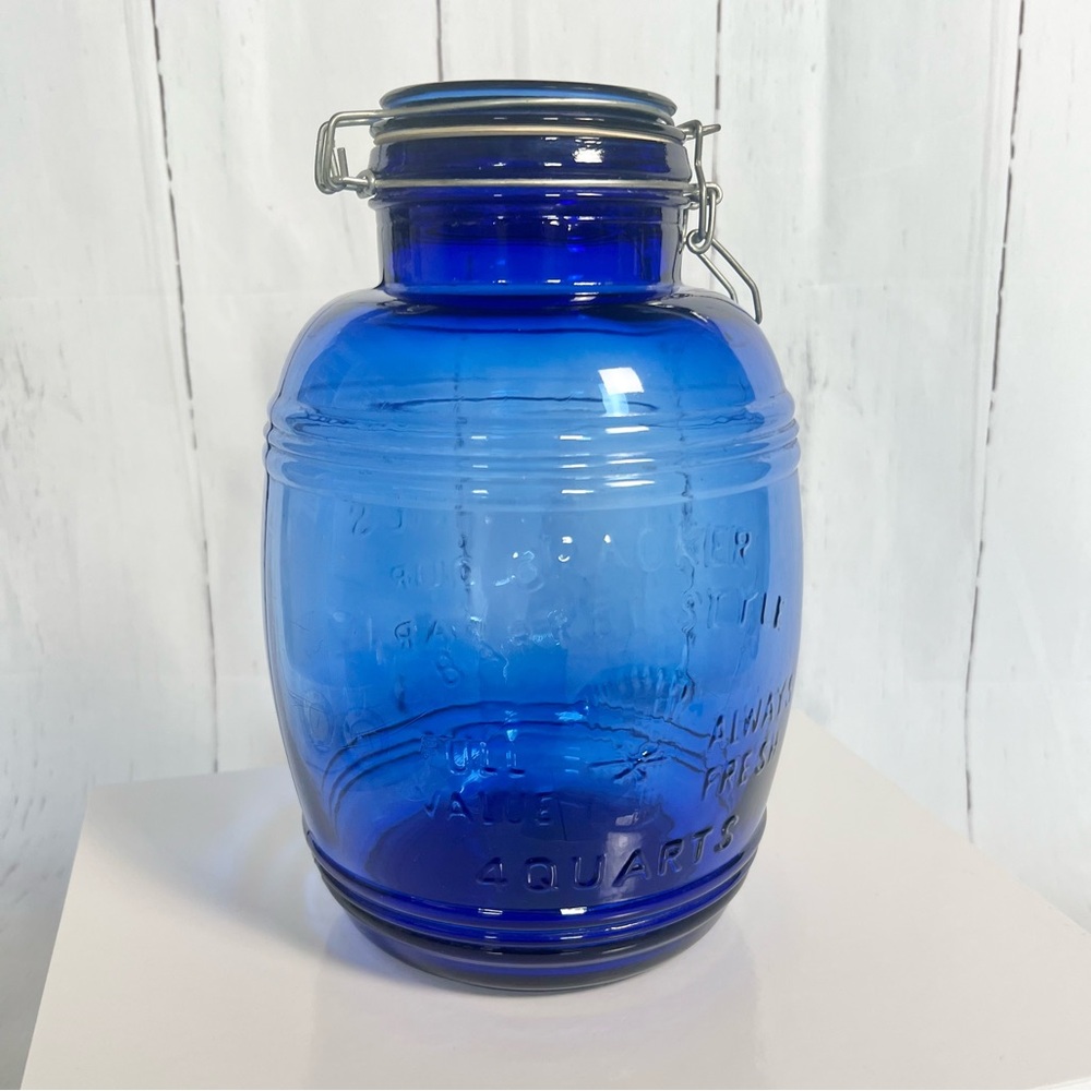 Vintage Uncle Ezra’s Style Cobalt Blue Glass Cookie Jar 4Qt Cracker Barrel